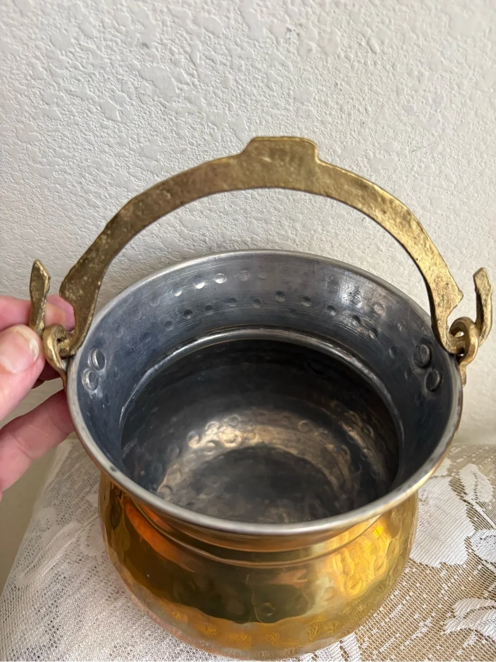 Vintage Greek Brass handmade Hammered cauldron Bucket Planter w Handle #3